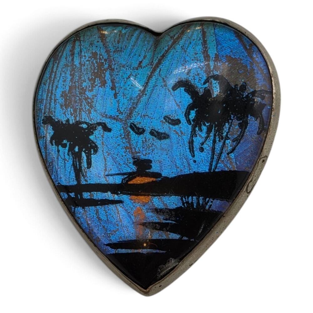 Vintage Butterfly Wing Heart Brooch Tropical Scene